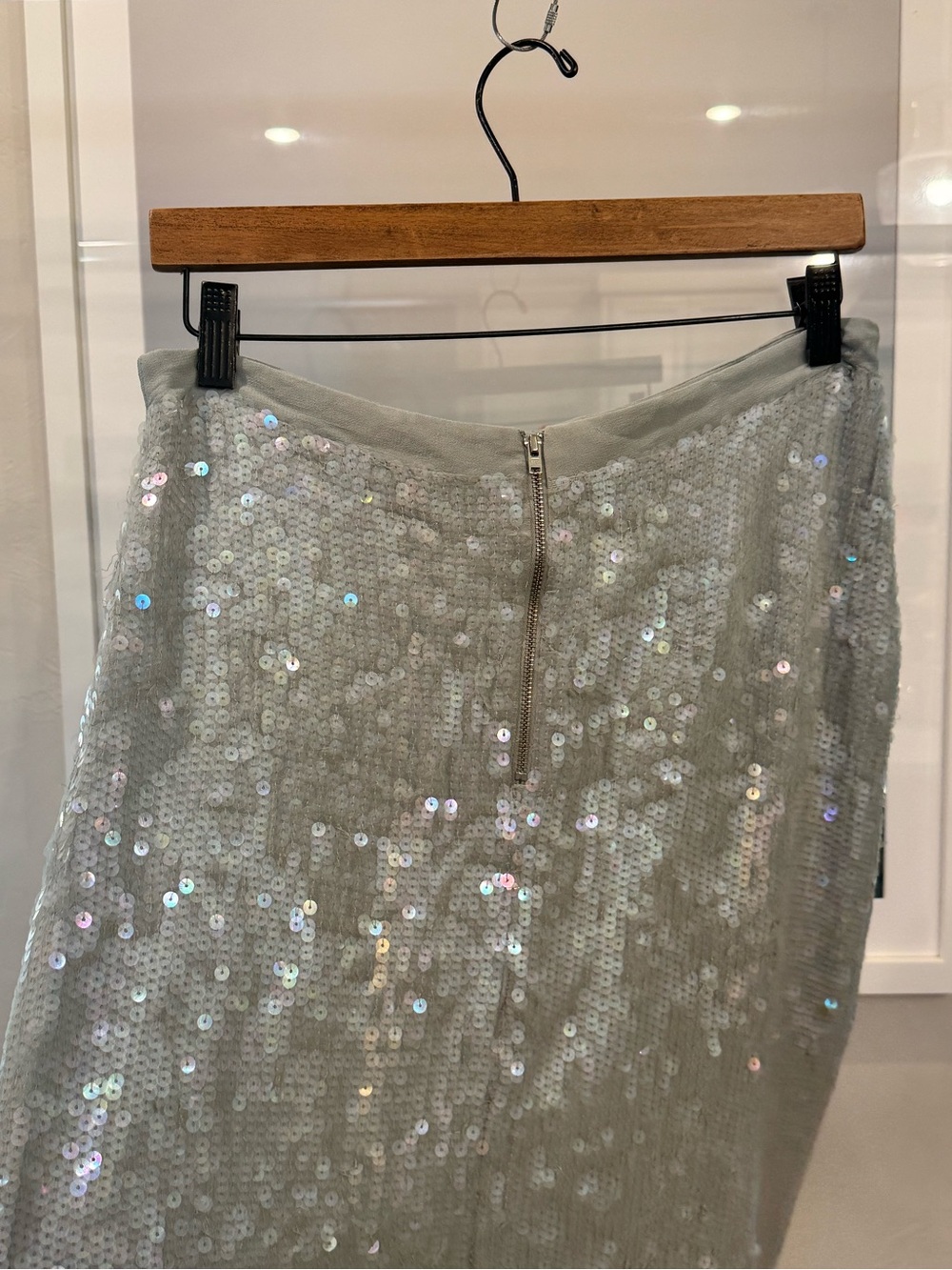 French Connection Silver Sequin Pencil Skirt
